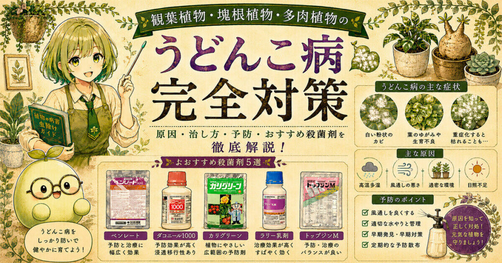 観葉植物・塊根植物・多肉植物のうどんこ病完全対策｜ベンレート・ダコニール・カリグリーン・ラリー乳剤・トップジンMのおすすめ殺菌剤5選と症状・予防ポイントを解説したサムネイル画像