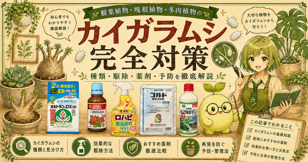 観葉植物・塊根植物・多肉植物のカイガラムシ完全対策｜オルトランDX・アクテリック・ロハピ・コルト顆粒水和剤・マシン油乳剤の使い分けを解説するサムネイル画像