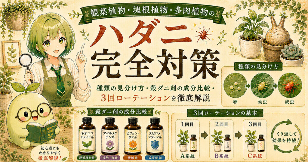 観葉植物・塊根植物・多肉植物のハダニ完全対策｜種類の見分け方・殺ダニ剤の成分比較・3回ローテーションを解説