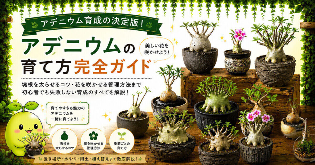 アデニウムの育て方完全ガイド。アデニウム・オベスムの実生株や開花株、塊根の太らせ方、花を咲かせるコツ、水やり、用土、植え替え、冬越しの管理方法を解説