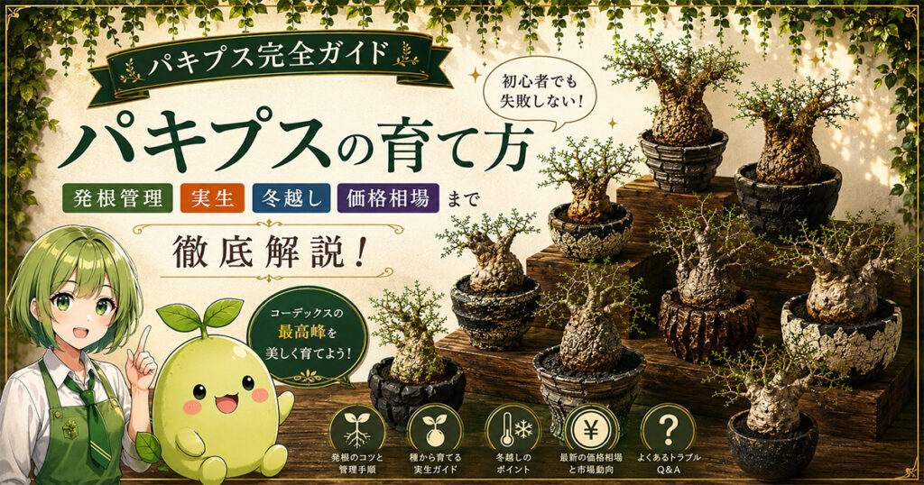 パキプス(オペルクリカリア・パキプス)の育て方完全ガイド。発根管理・実生・冬越し・価格相場・Q&Aまで初心者にもわかりやすく解説した記事のアイキャッチ画像