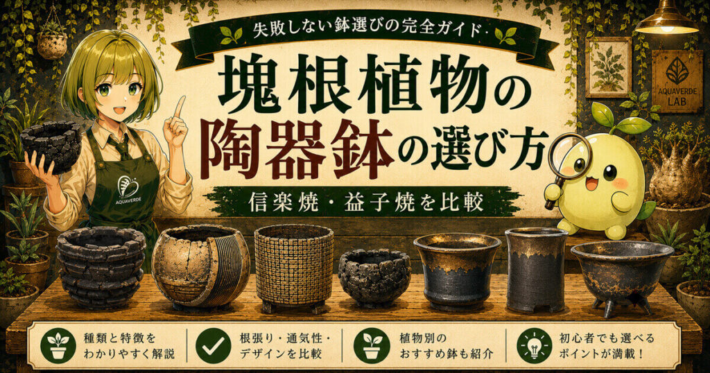 塊根植物の陶器鉢の選び方ガイド|信楽焼・益子焼の鉢を比較するアイキャッチ画像