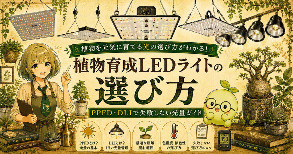 植物育成LEDライトの選び方を解説するイラスト|PPFD・DLIで失敗しない光量の選び方ガイド
