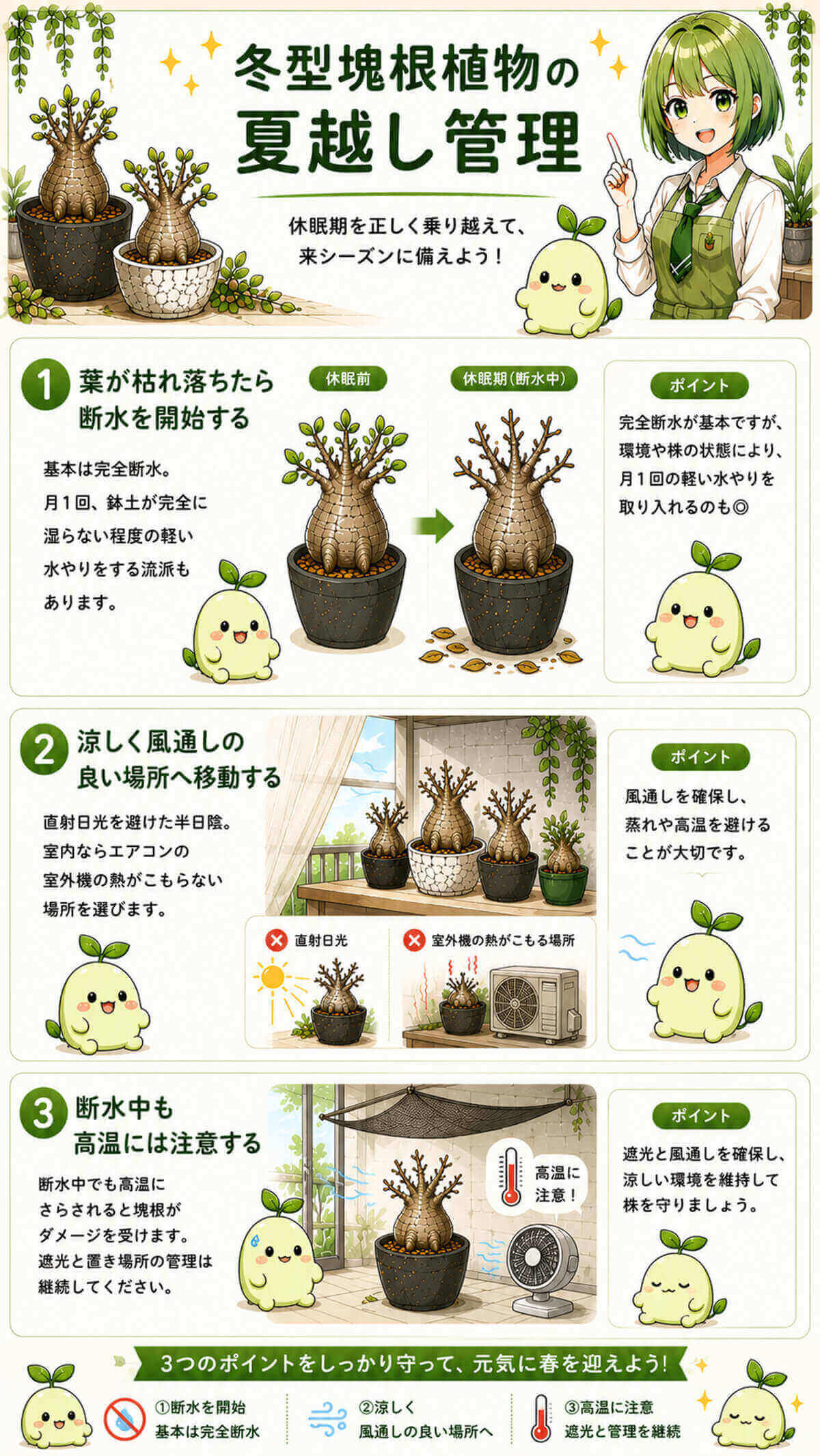 冬型塊根植物の断水管理と涼しい置き場所のイメージ