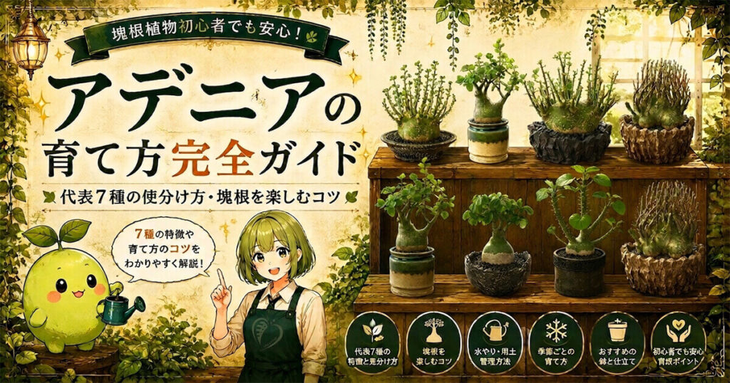 アデニアの育て方完全ガイド。グラウカ・グロボーサ・バリーなど代表7種の塊根株、種類の見分け方、塊根を楽しむコツ、水やり、用土、鉢と仕立て、季節管理の方法を解説